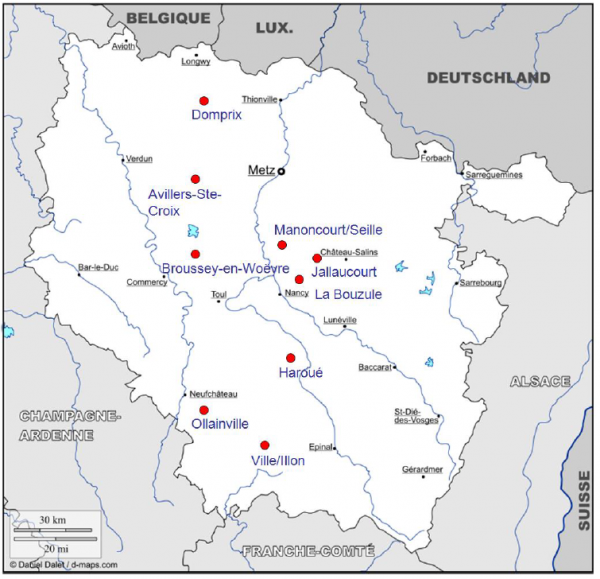 Localisation des sites de la Zone Atelier Moselle (source : Thèse "Efficacité de zones tampons humides à réduire les teneurs en pesticides des eaux de drainage » de Romain Vallée)