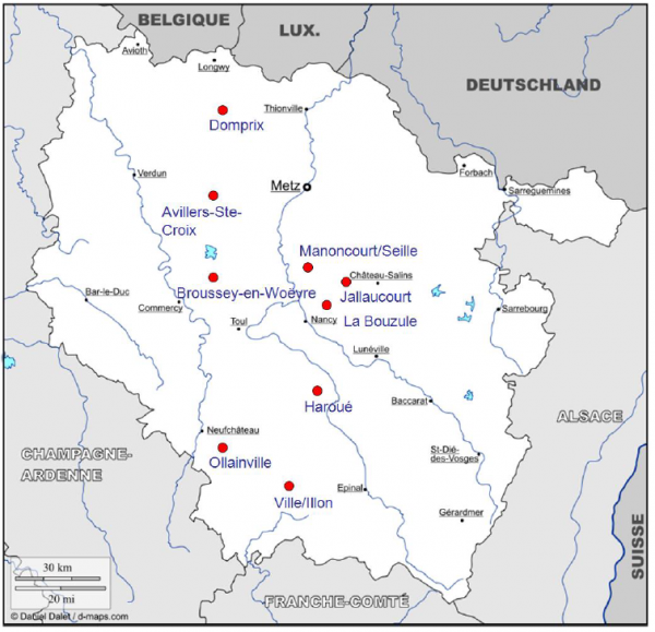 Location of the ZAM sites (source : Thesis « Efficacité de zones tampons humides à réduire les teneurs en pesticides des eaux de drainage » by Romain Vallée)