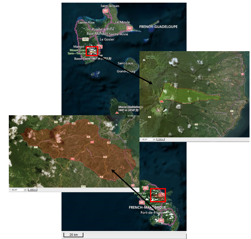 Localisation des sites en Martinique et Guadeloupe d'OPALE
