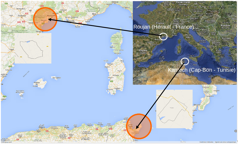 Localisation des sites Roujan et Kamech de l’Observatoire Méditerranéen de l’Environnement Rural et de l’Eau. (source : http://www.obs-omere.org/)