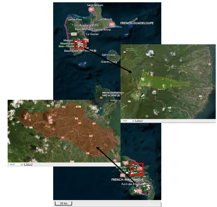 Location of the Martinique and Guadeloupe sites of the OPALE observatory