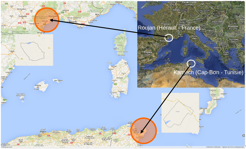 Location of the Roujan and Kamech sites of the Mediterranean Observatory of Rural Environment and Water (source : http://www.obs-omere.org/)